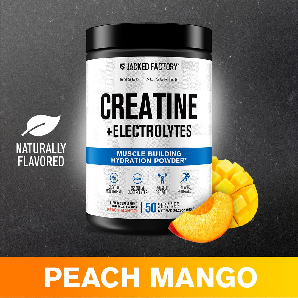 Measuring scoop beside Jacked Factory Creatine + Electrolytes powder for easy mixing.