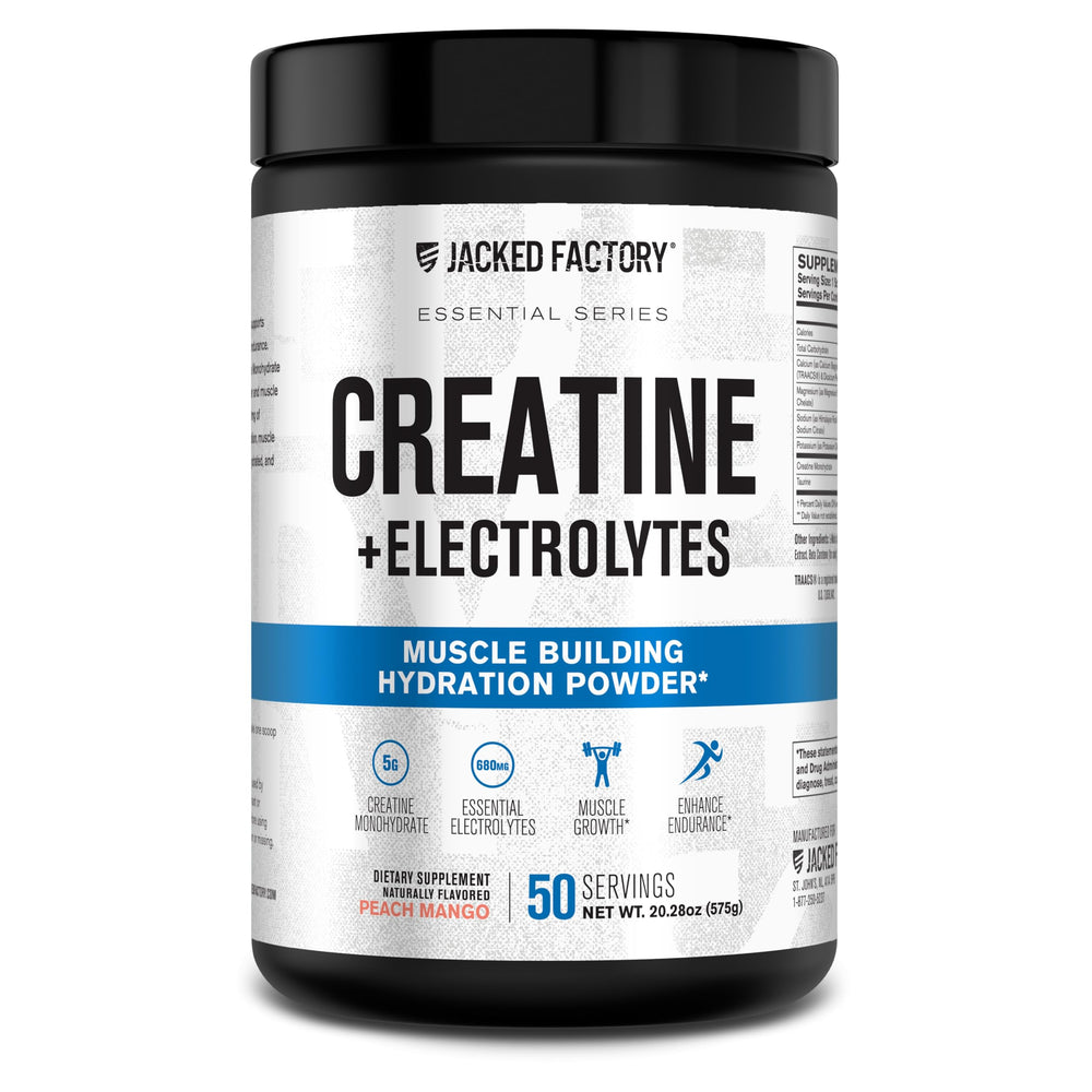 Jacked Factory Creatine + Electrolytes peach mango bottle vividly showcases flavor and hydration potential.