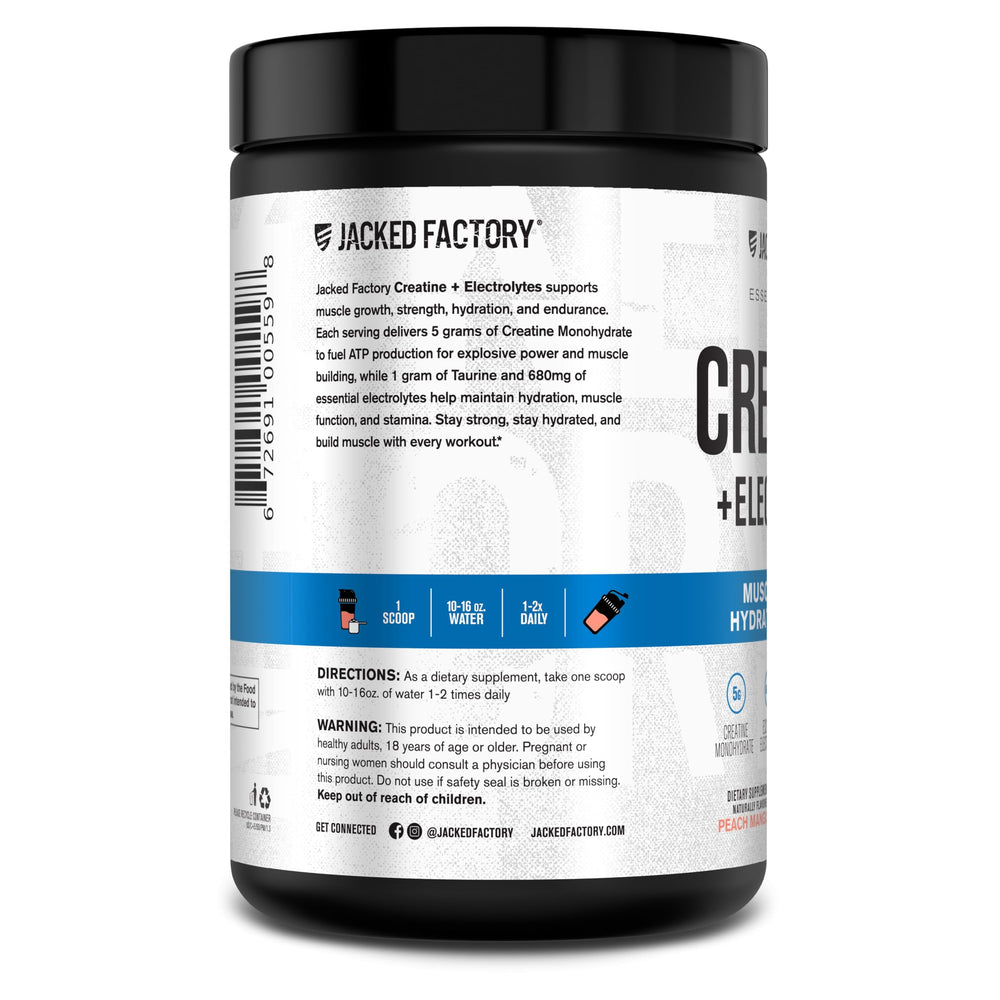 Vibrant peach mango shake made with Jacked Factory Creatine + Electrolytes ready to sip.