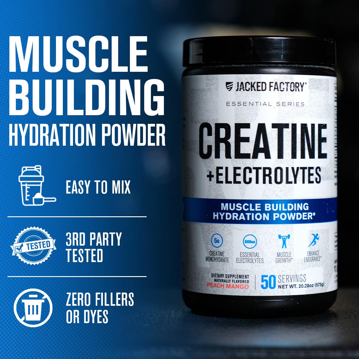 Jacked Factory Creatine + Electrolytes tub with scoop highlights dosing and mix readiness.
