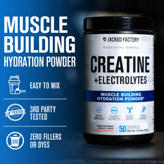 Jacked Factory Creatine + Electrolytes tub with scoop highlights dosing and mix readiness.