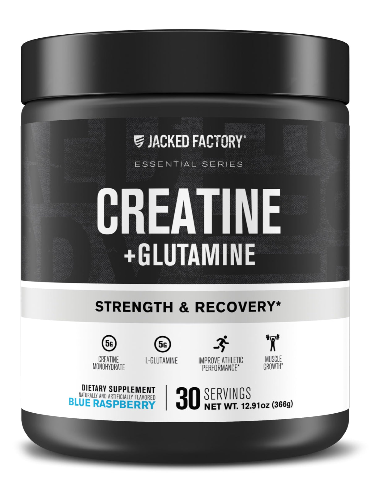 Jacked Factory Creatine + Glutamine bottle with blue raspberry flavor for post-workout recovery.