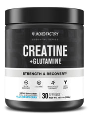 Jacked Factory Creatine + Glutamine bottle with blue raspberry flavor for post-workout recovery.