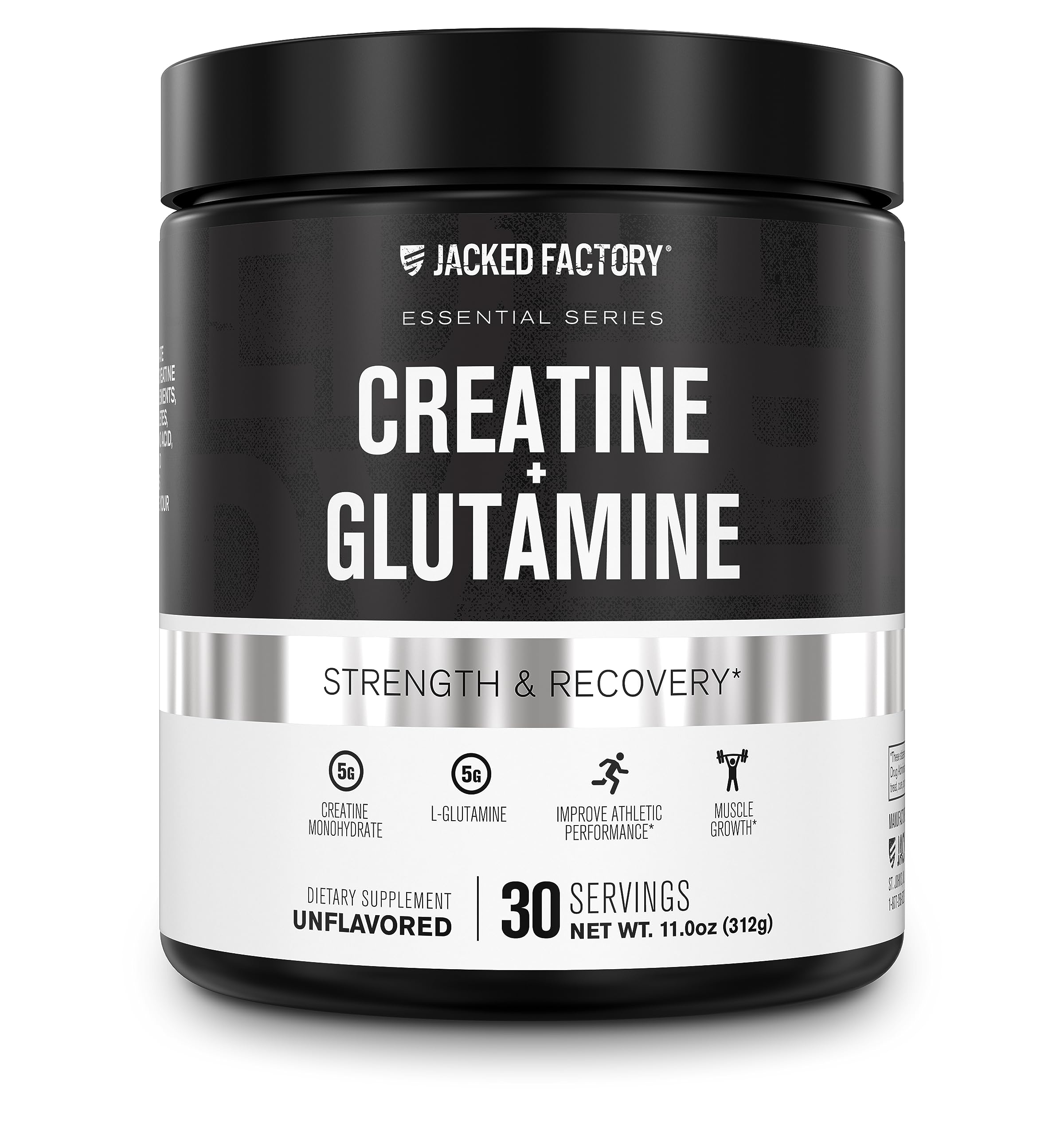 Jacked Factory Creatine + Glutamine bottle pour supports post-workout recovery.