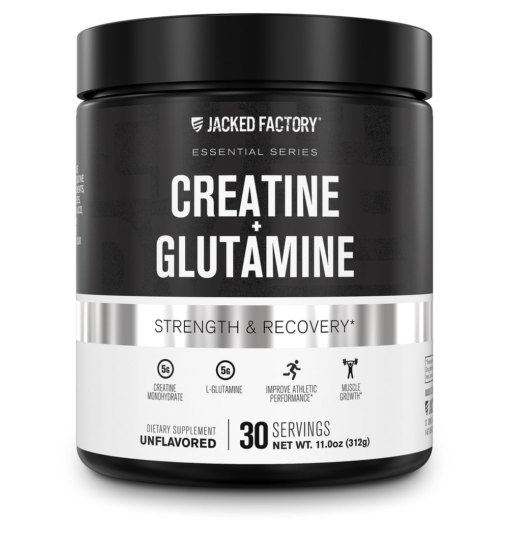 Jacked Factory Creatine + Glutamine bottle pour supports post-workout recovery.