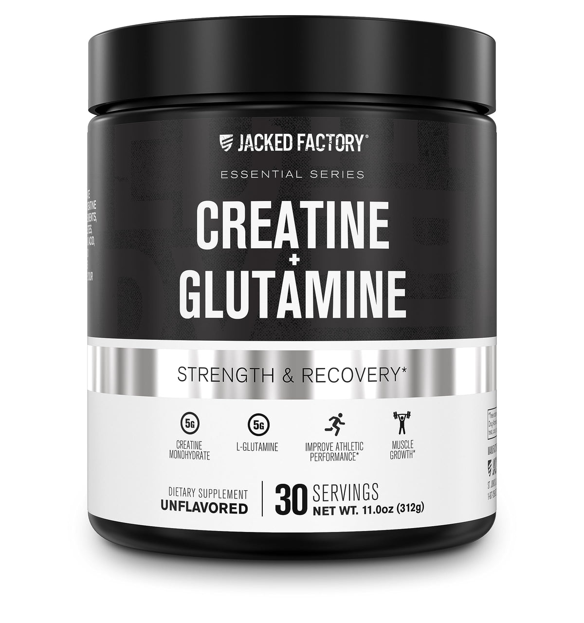 Jacked Factory Creatine + Glutamine bottle pour supports post-workout recovery.