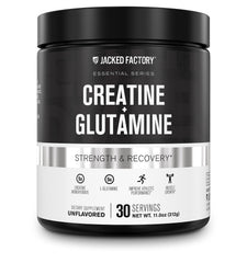 Jacked Factory Creatine + Glutamine bottle pour supports post-workout recovery.