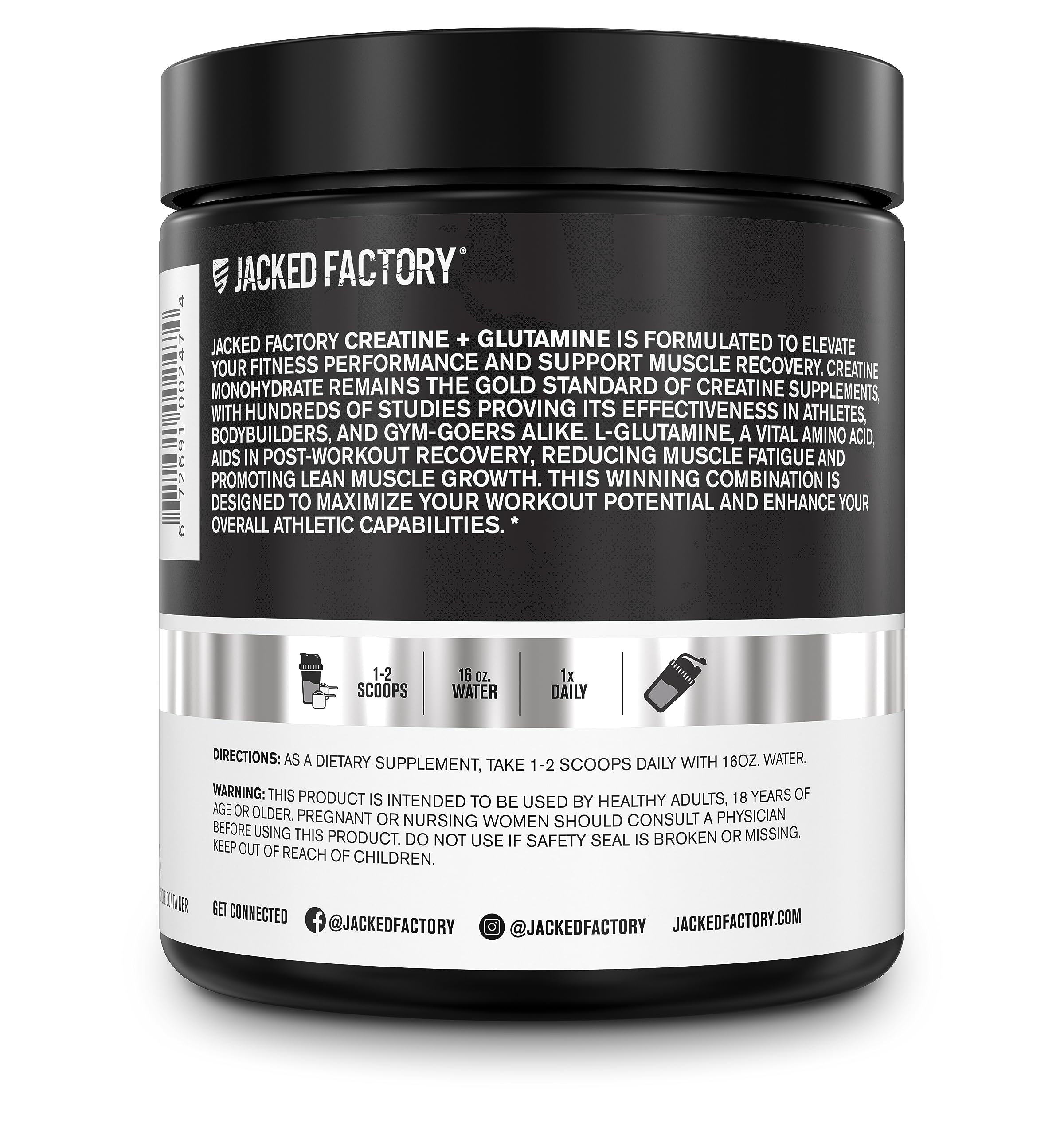 Jacked Factory Creatine + Glutamine label info highlights 5 g creatine per serving.