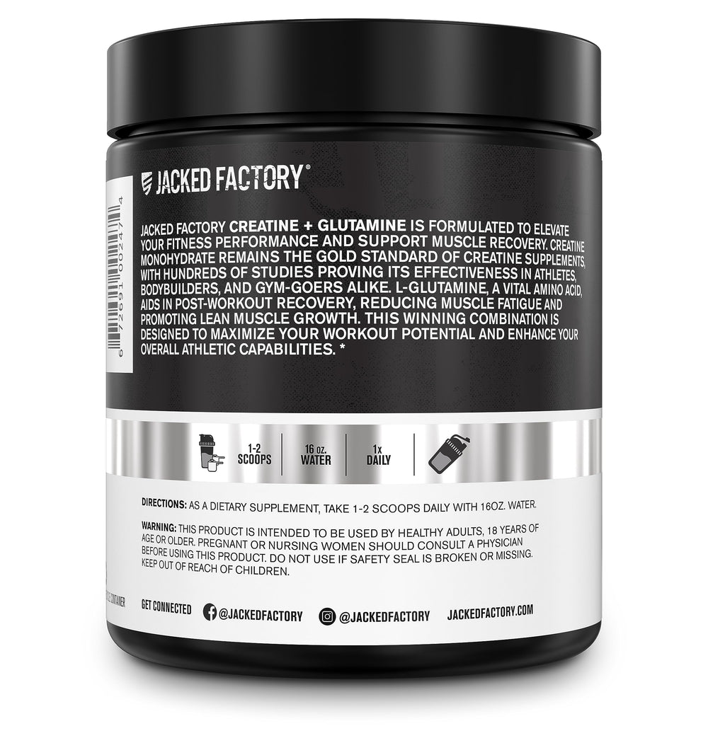 Jacked Factory Creatine + Glutamine label info highlights 5 g creatine per serving.