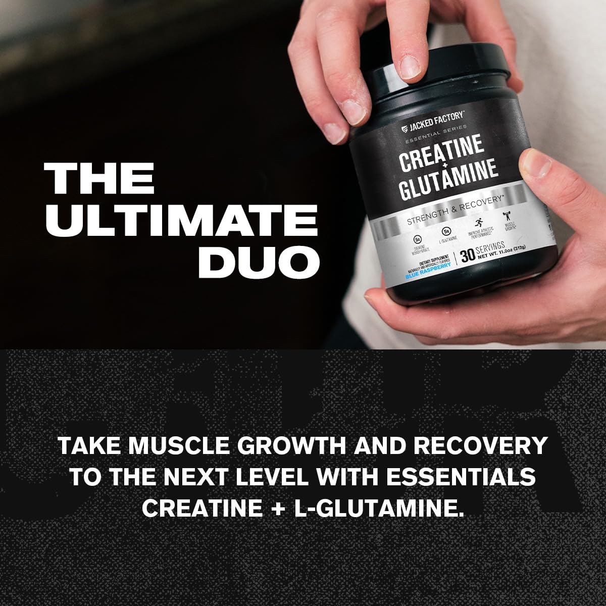 Powder scoop highlights 5g creatine monohydrate per serving for strength.