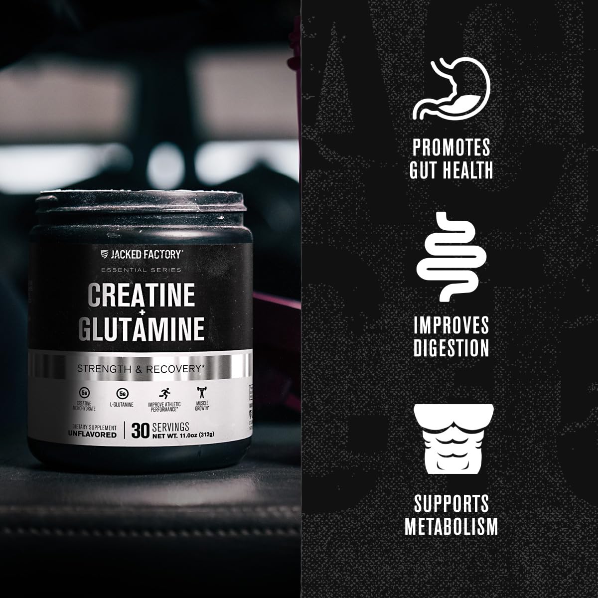 Jacked Factory Creatine + Glutamine tub closeup emphasizes quality manufacturing.