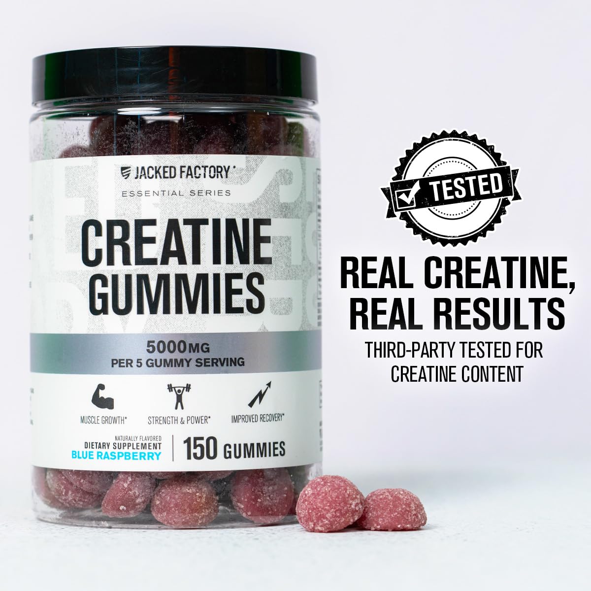 Jacked Factory Creatine Gummies blue raspberry close-up highlights flavorful, easy-to-chew format
