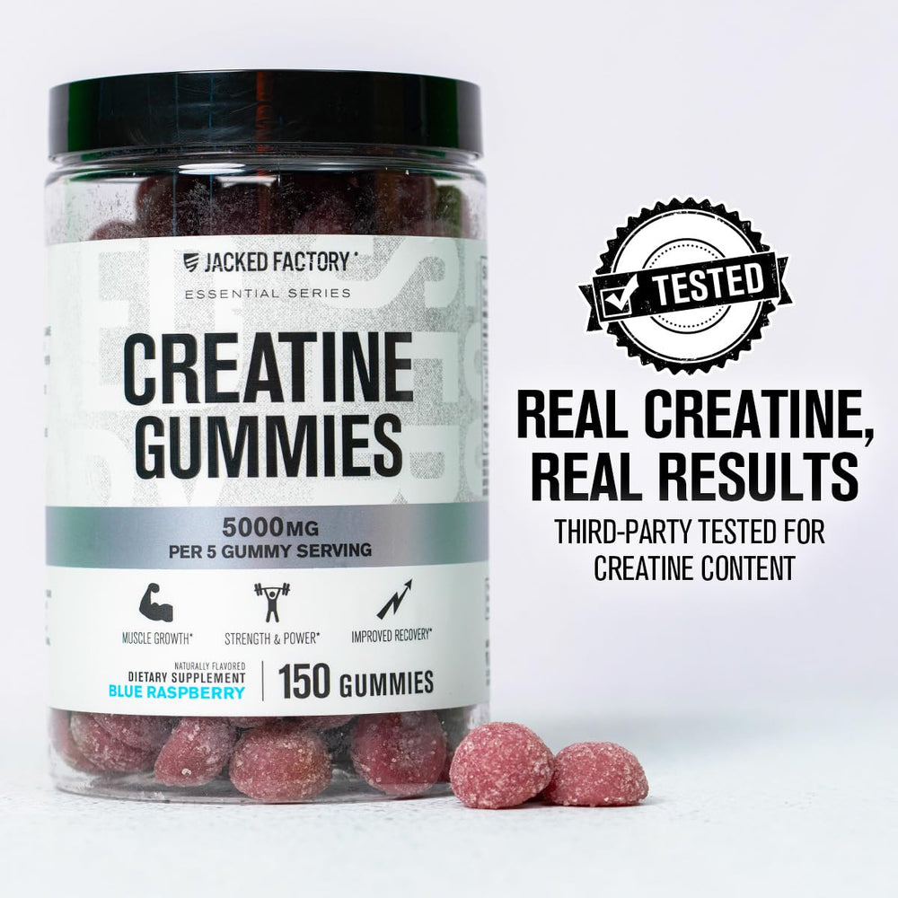 Jacked Factory Creatine Gummies blue raspberry close-up highlights flavorful, easy-to-chew format