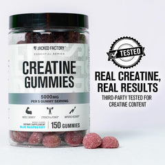 Jacked Factory Creatine Gummies blue raspberry close-up highlights flavorful, easy-to-chew format