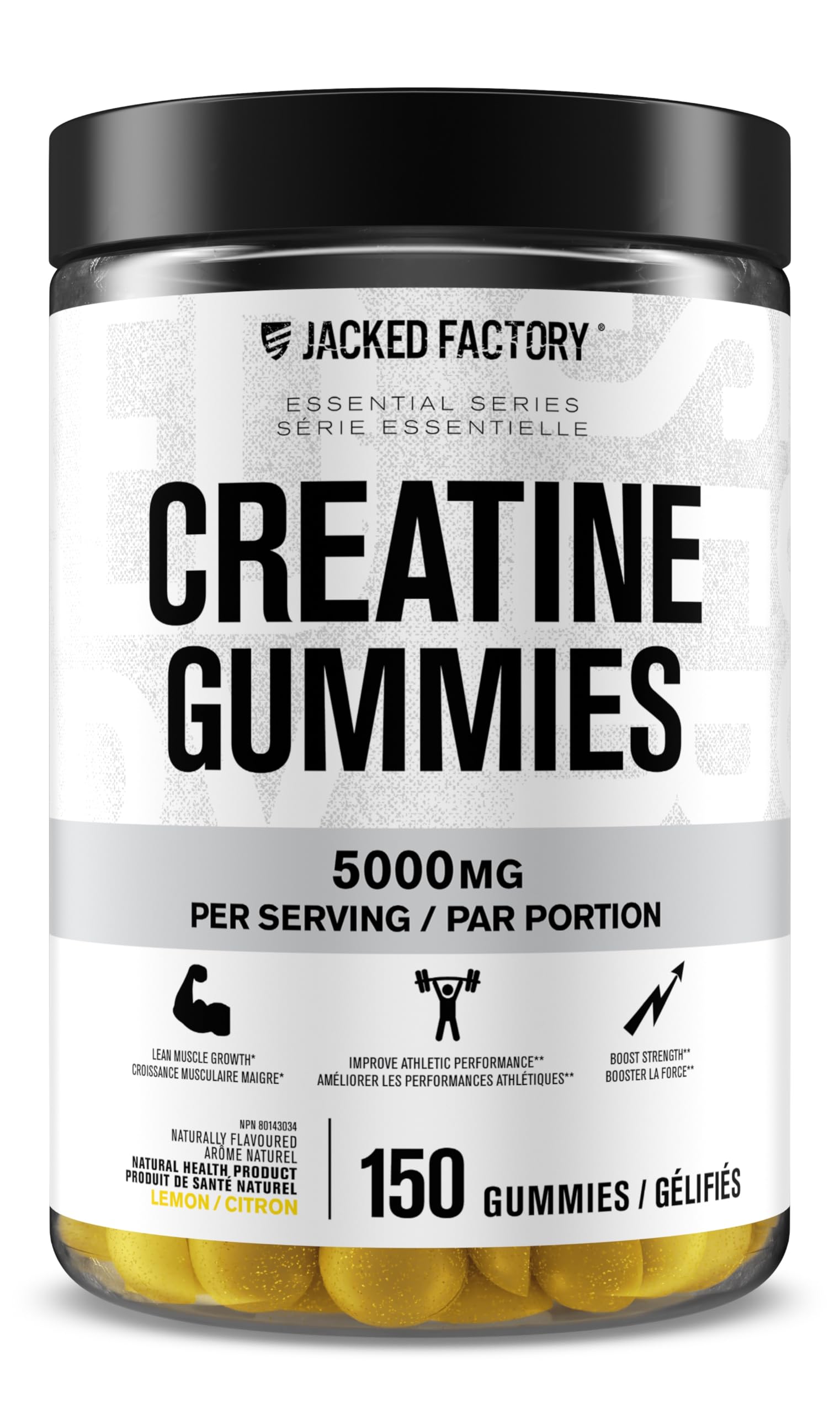 Jacked Factory Creatine Gummies bottle front view with lemon flavor for convenient daily use.