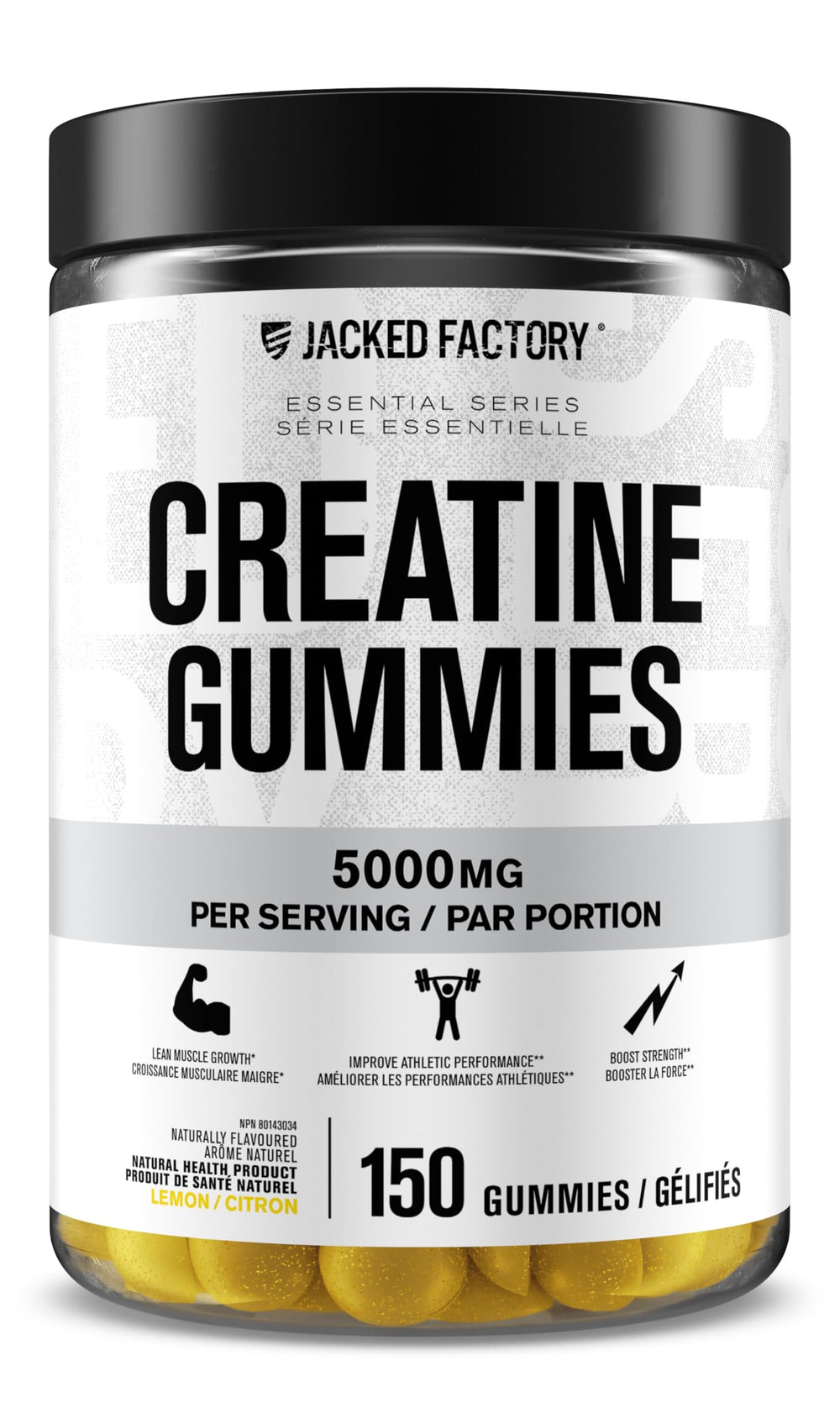 Jacked Factory Creatine Gummies bottle front view with lemon flavor for convenient daily use.
