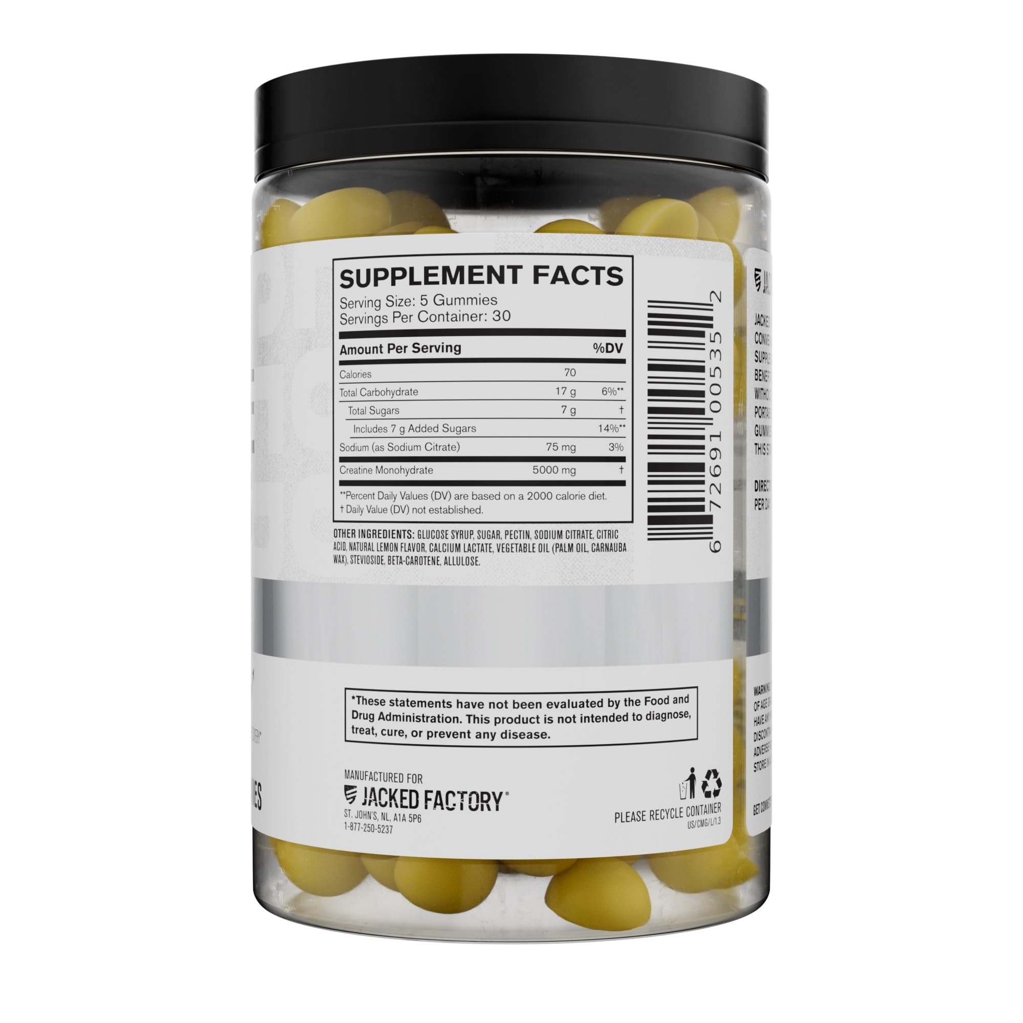 Jacked Factory Creatine Gummies label showing 5 gummies equal 5 g per dose.
