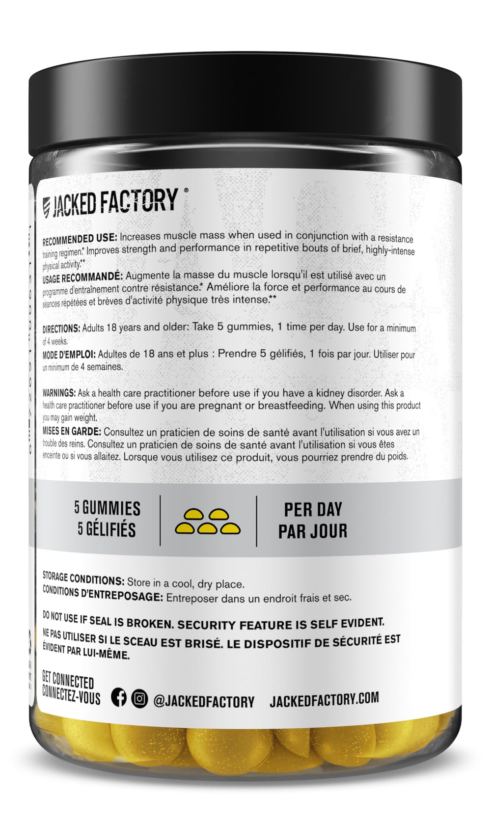 Jacked Factory Creatine Gummies 150-count packaging back side details.
