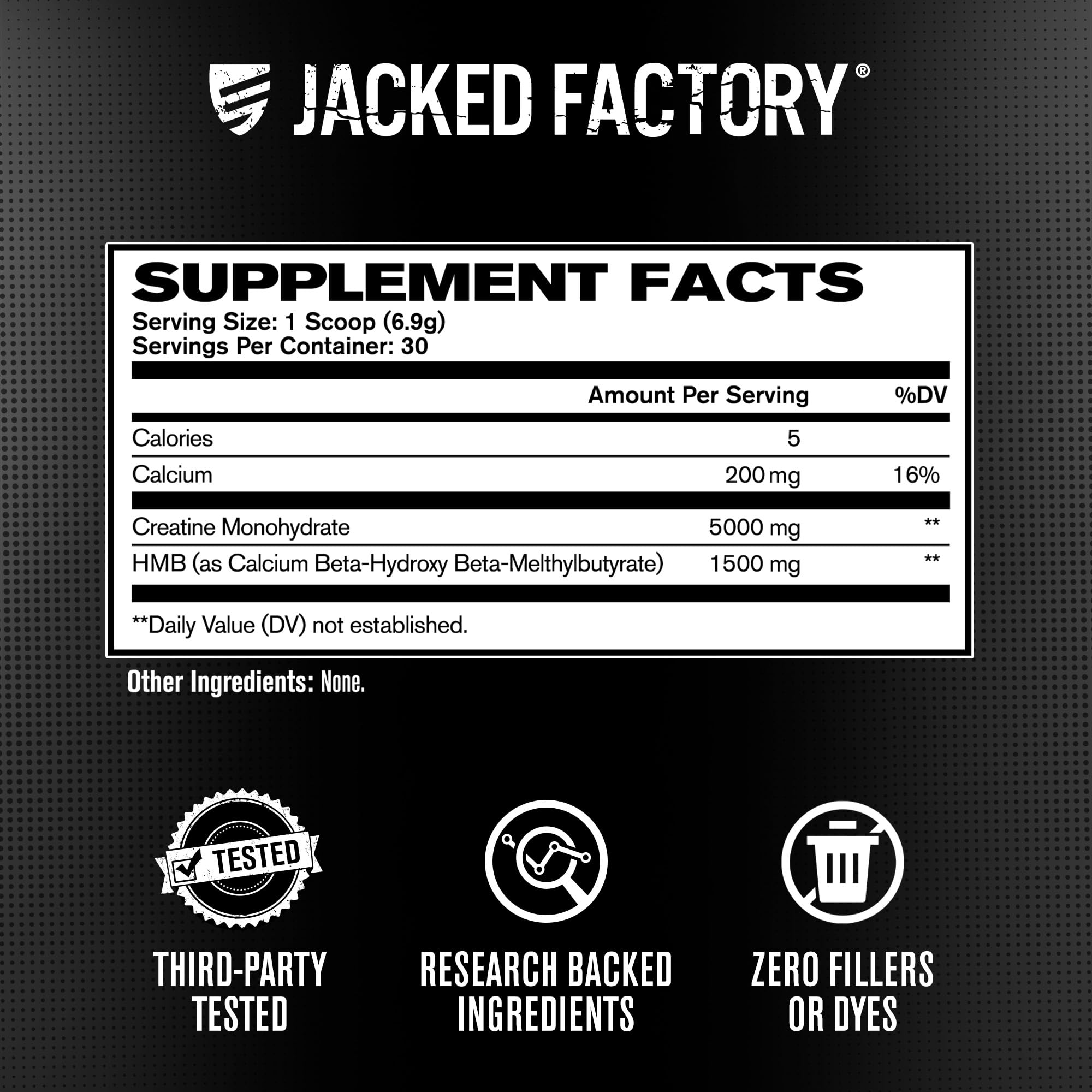 Jacked Factory Creatine HMB packaging on display.