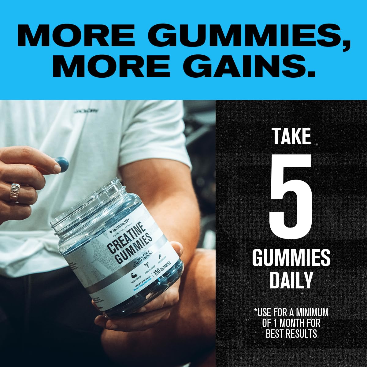 Jacked Factory Creatine Monohydrate Gummies bottle with resealable cap