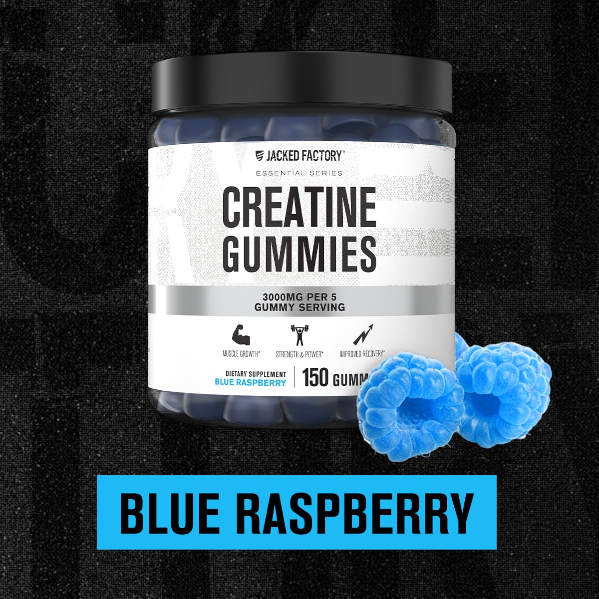Jacked Factory Creatine Monohydrate Gummies close-up on gummy texture and blue raspberry flavor