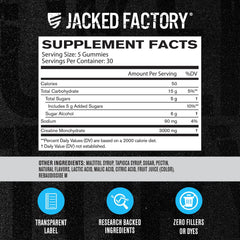 Jacked Factory Creatine Monohydrate Gummies ingredients panel shows no harsh fillers