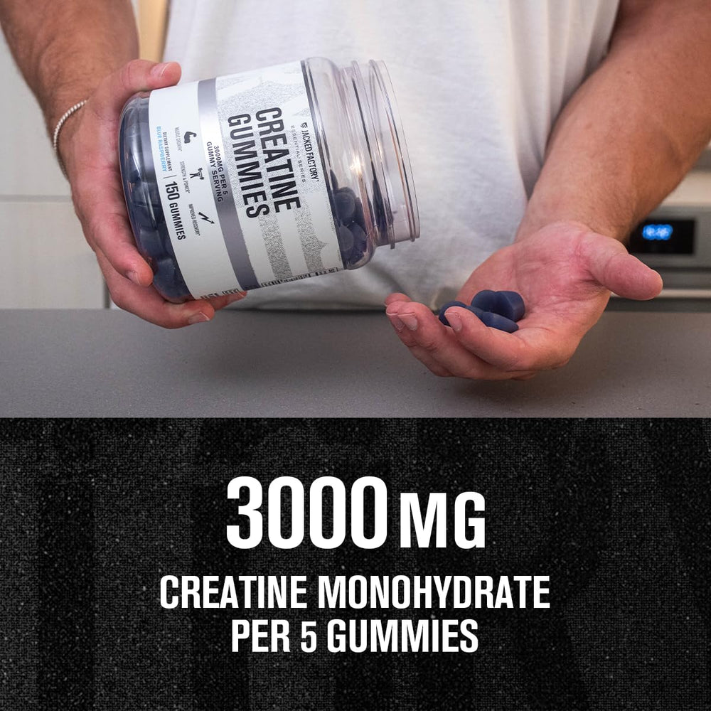 Jacked Factory Creatine Gummies serving shows 5 gummies delivering 3000 mg