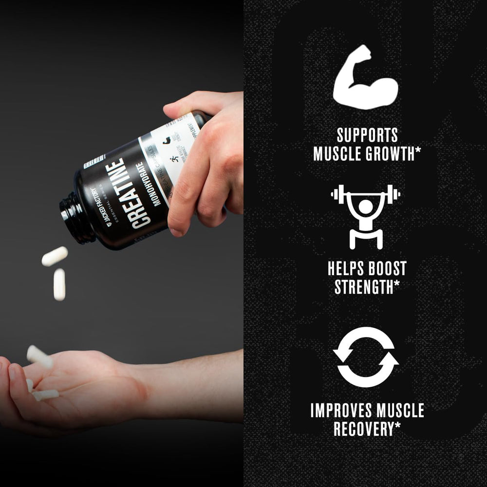 Bottle label detail highlighting purity and quality standards for Jacked Factory creatine monohydrate.