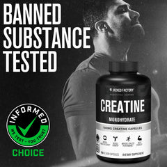 Jacked Factory Creatine Monohydrate capsules in hand for quick daily use.