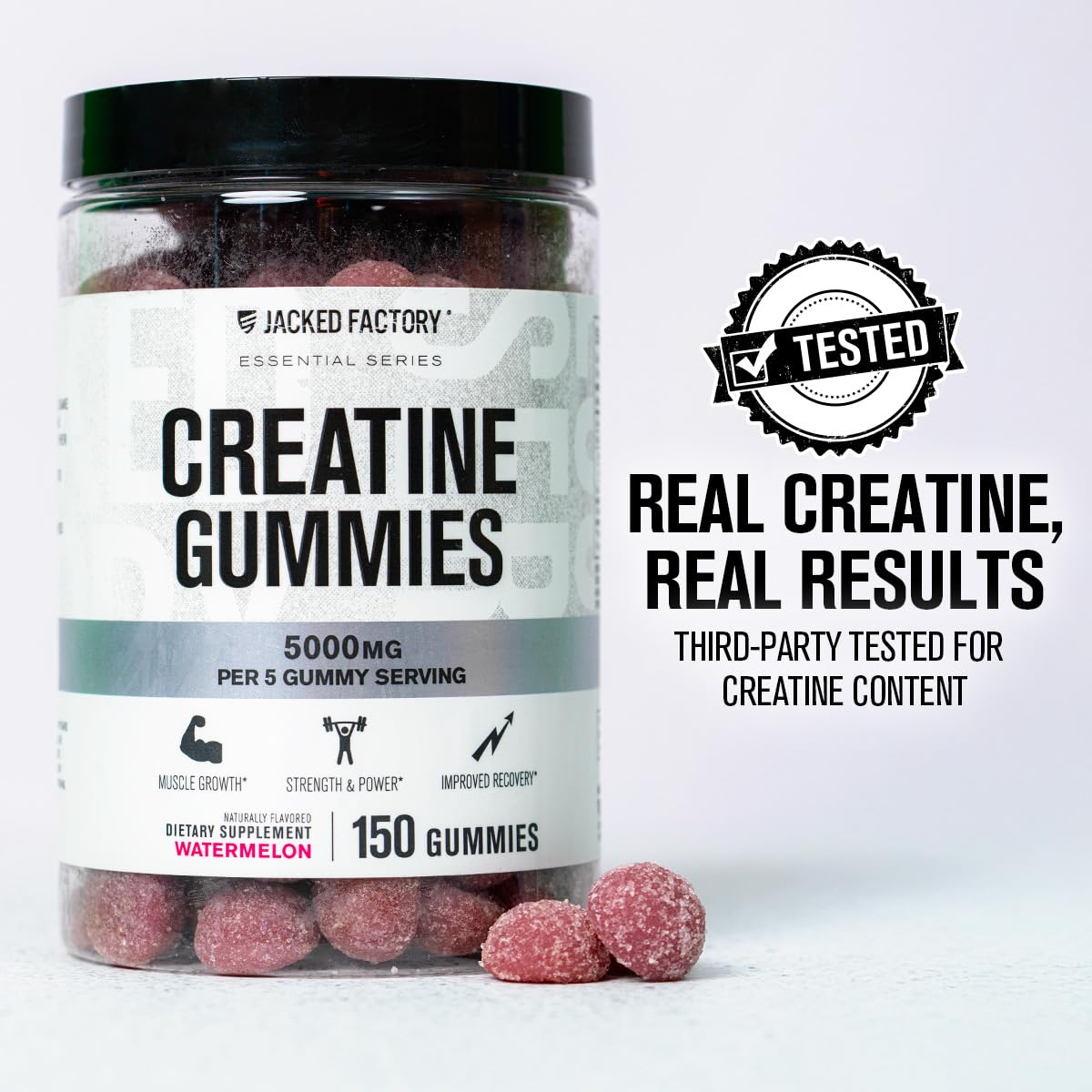 Jacked Factory Creatine gummies close-up texture and easy-to-chew flavor.