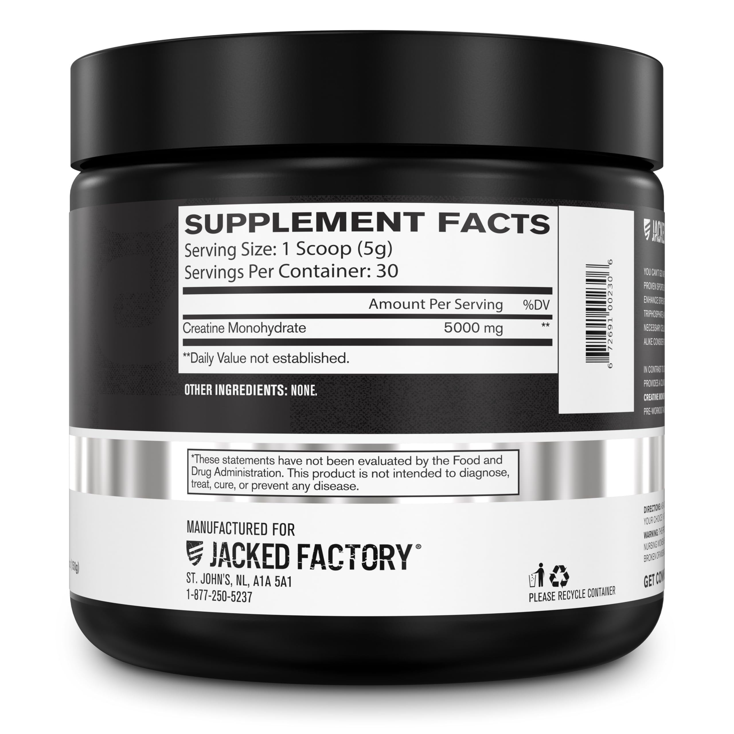 Jacked Factory Creatine Monohydrate container, 30 servings for daily use