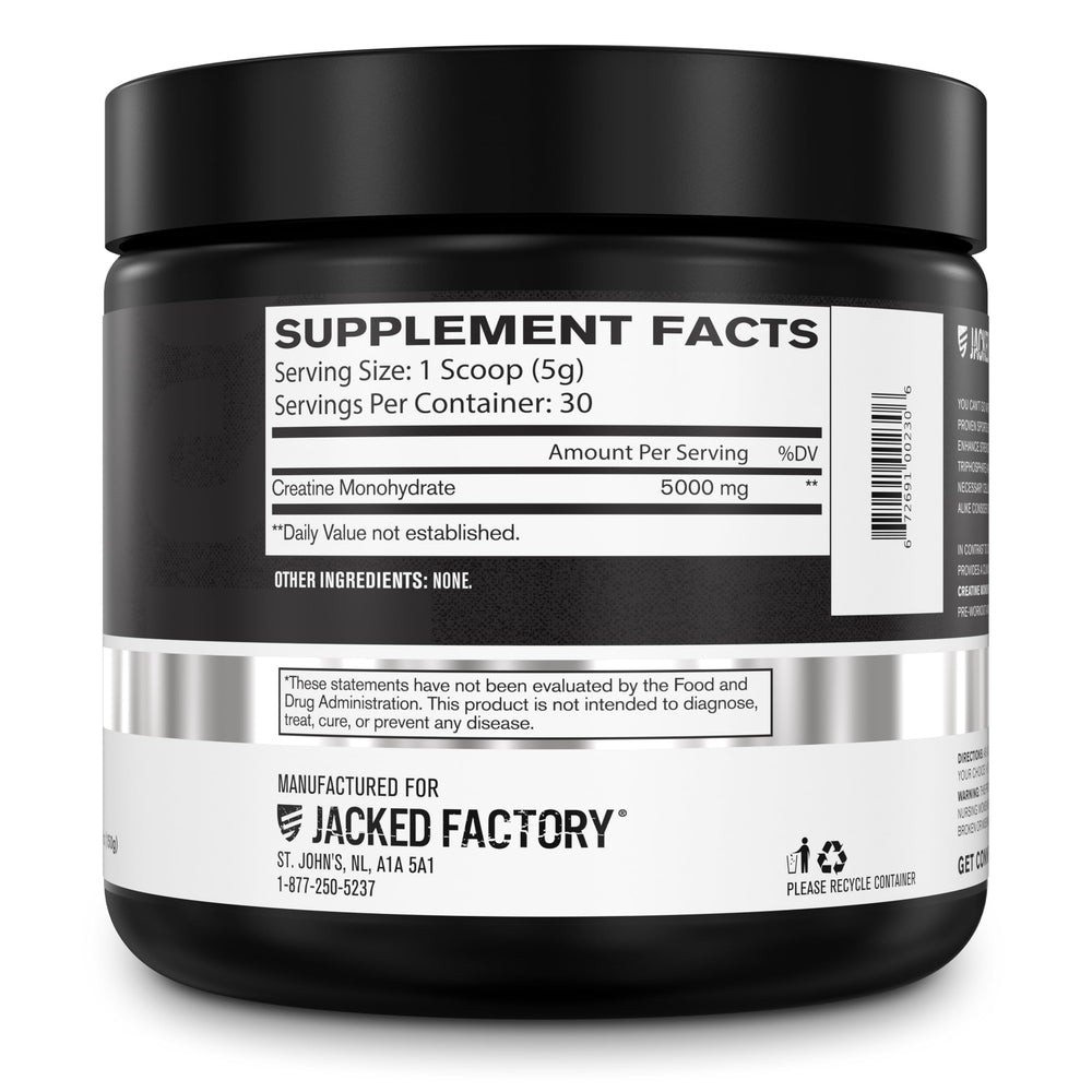 Jacked Factory Creatine Monohydrate container, 30 servings for daily use