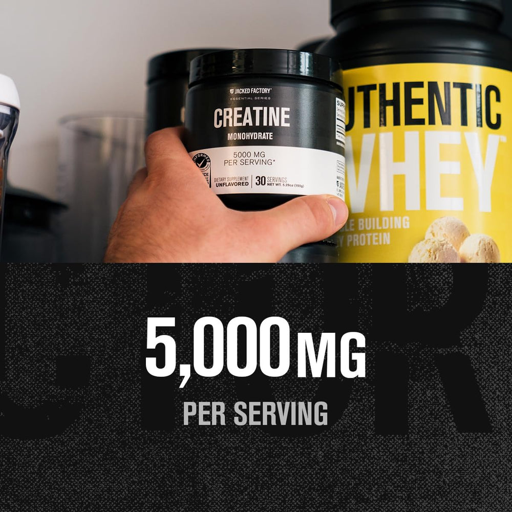 Jacked Factory Creatine Monohydrate label close-up shows 5g serving for consistent training