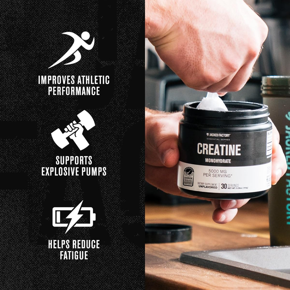Jacked Factory packaging notes cGMP-certified facility for high-purity creatine