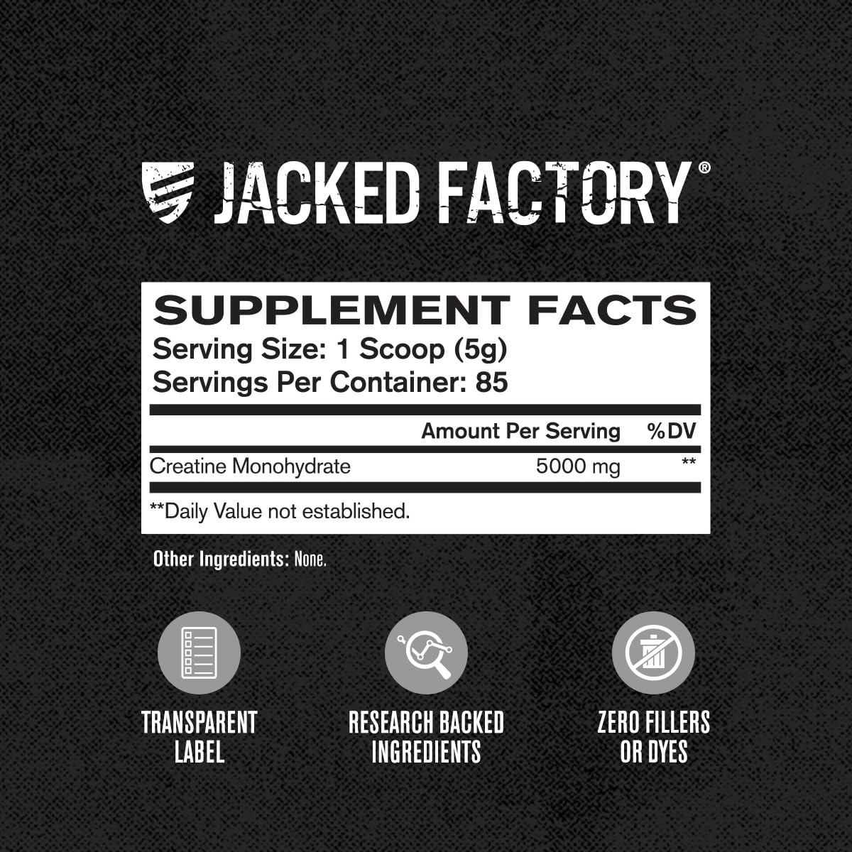 Label close-up showing purity and third-party testing on Jacked Factory Creatine Monohydrate.