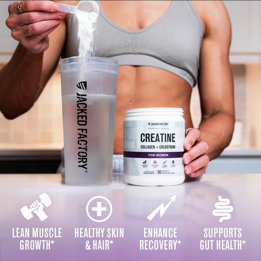 Jacked Factory Creatine powder pours into glass, showcasing easy mixing