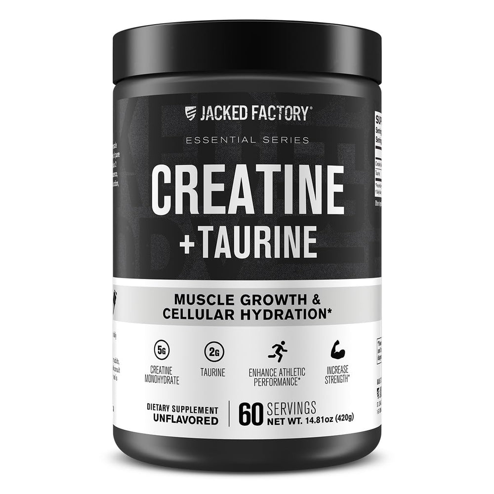 Jacked Factory Creatine + Taurine bottle front highlighting unflavored formula for training support.