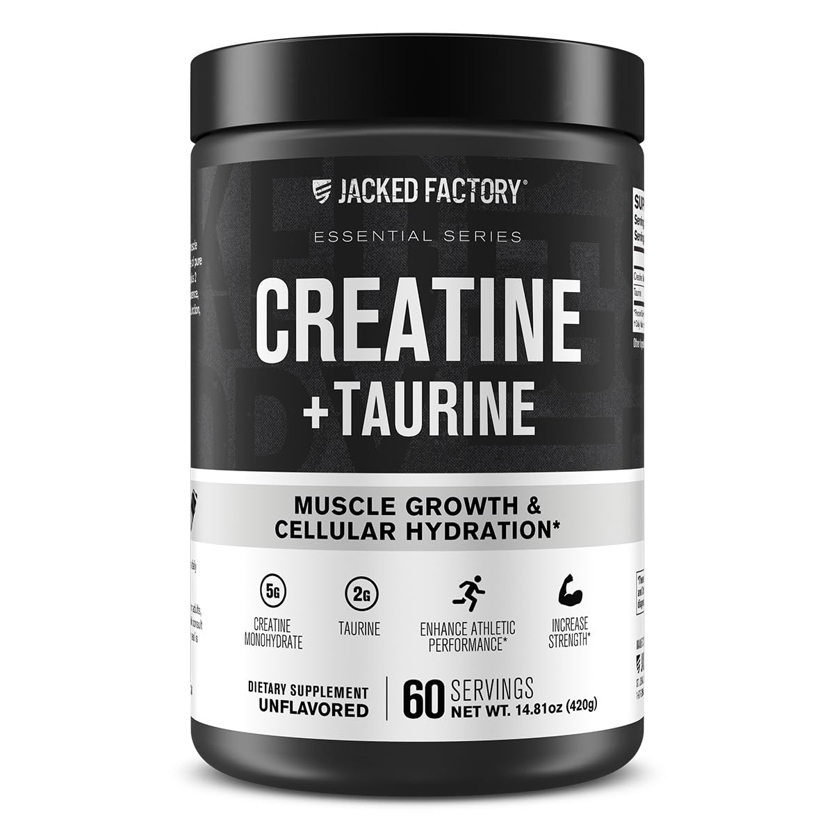 Jacked Factory Creatine + Taurine bottle front highlighting unflavored formula for training support.