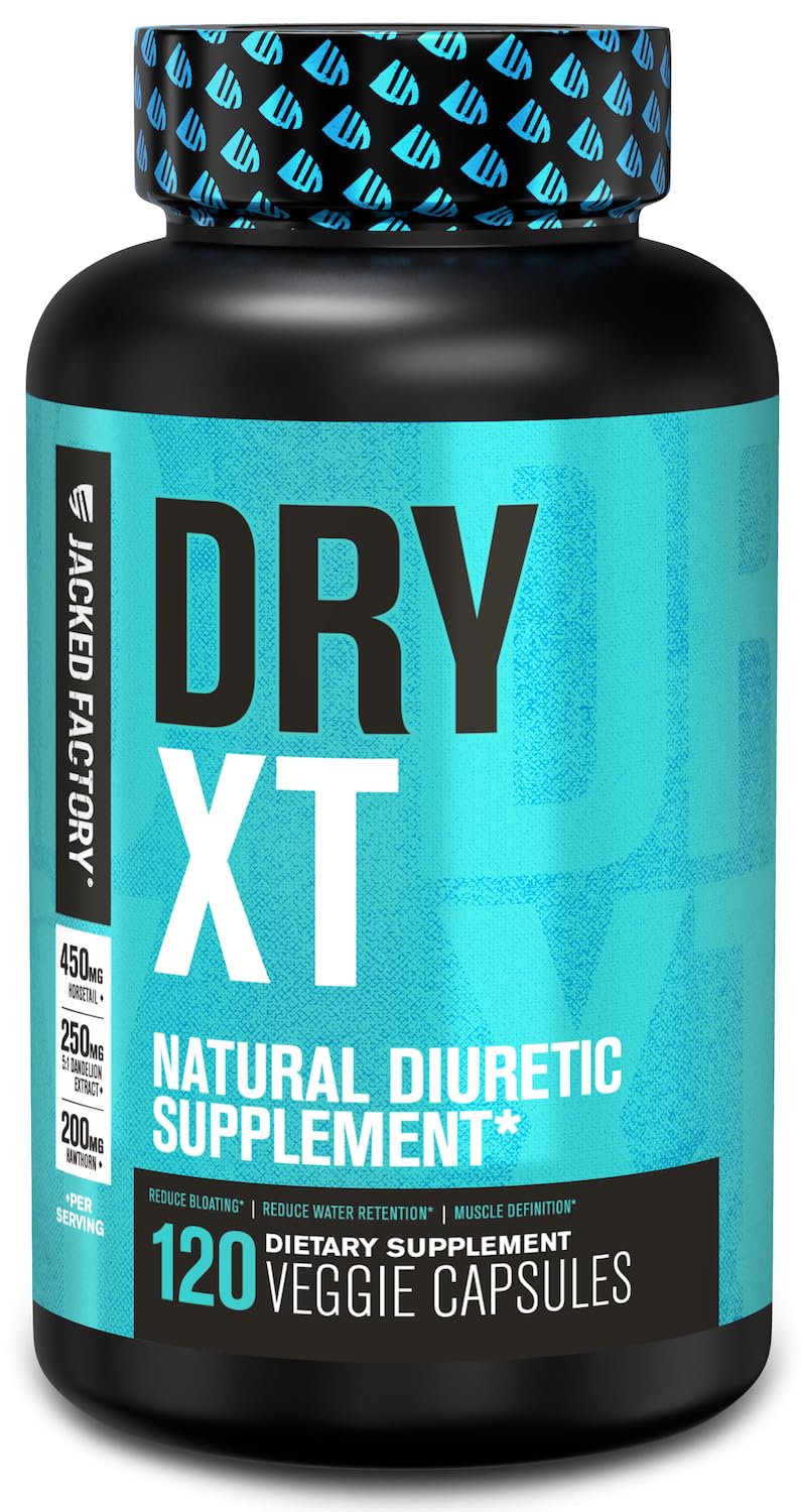 Jacked Factory Dry-XT bottle front shows daily diuretic formula for a leaner look