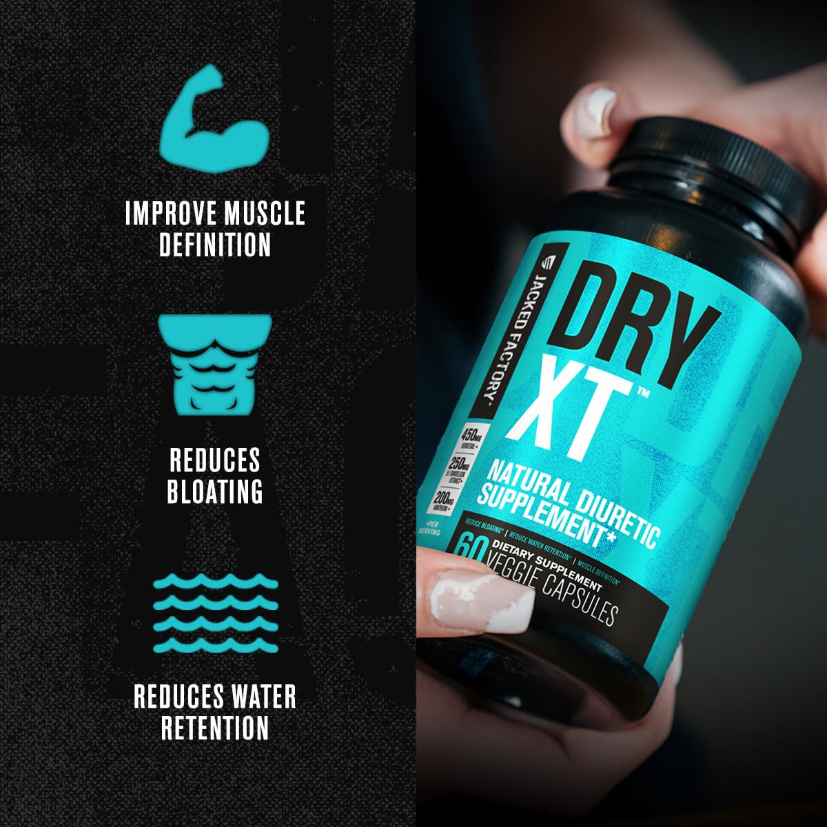 Jacked Factory Dry-XT bottle back with ingredients and usage guidance.