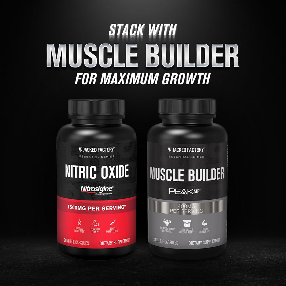 Jacked Factory Essentials Nitric Oxide Booster packaging with cGMP facility symbol