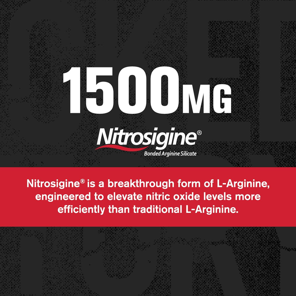 Jacked Factory Essentials Nitric Oxide Booster label detail featuring Nitrosigine and 1500mg per serving