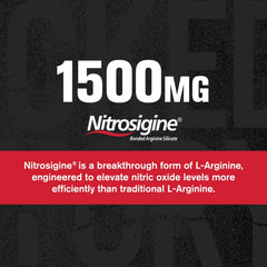 Jacked Factory Essentials Nitric Oxide Booster label detail featuring Nitrosigine and 1500mg per serving