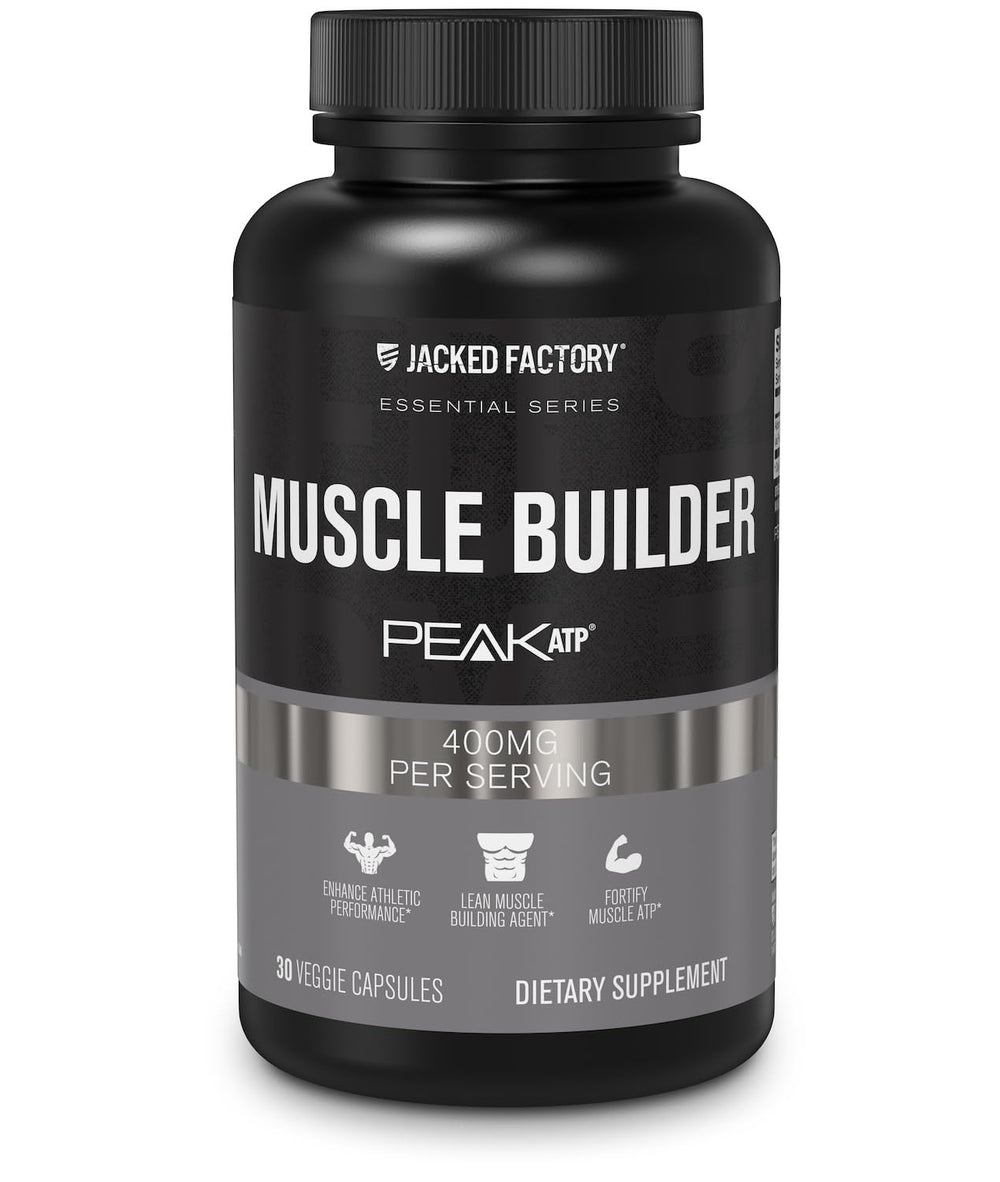 Jacked Factory Essentials Muscle Builder bottle front shows Peak ATP support for workouts.