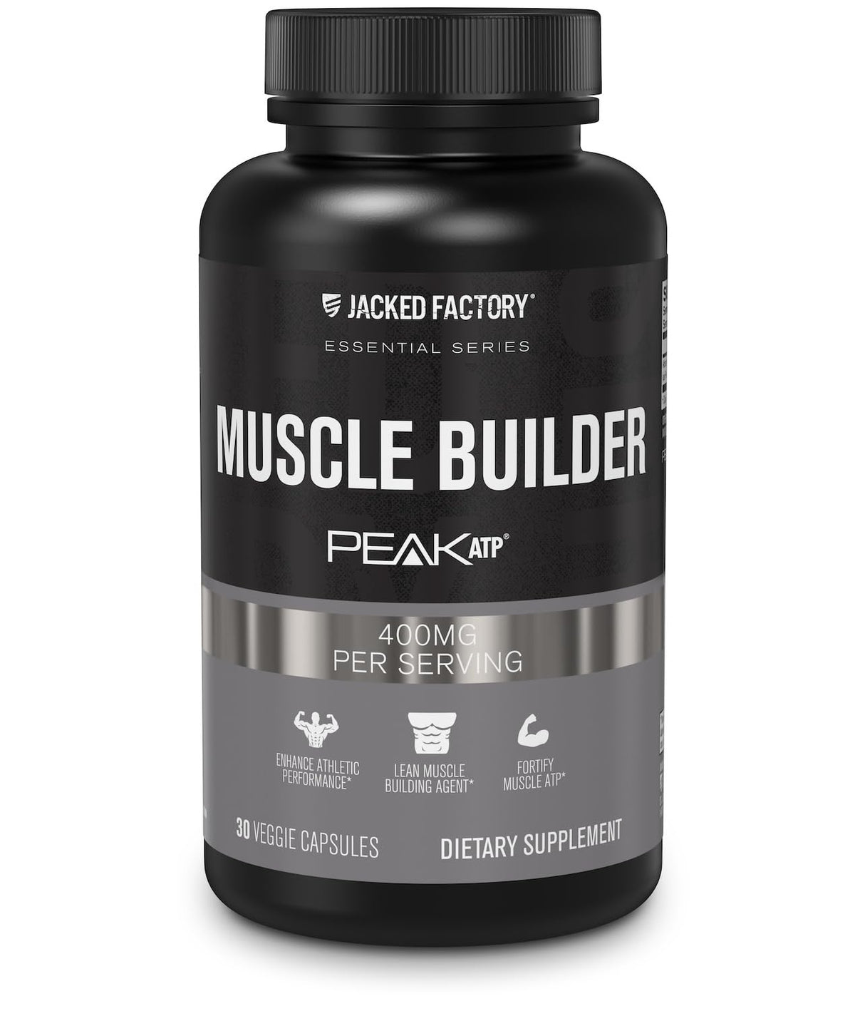 Jacked Factory Essentials Muscle Builder bottle front shows Peak ATP support for workouts.