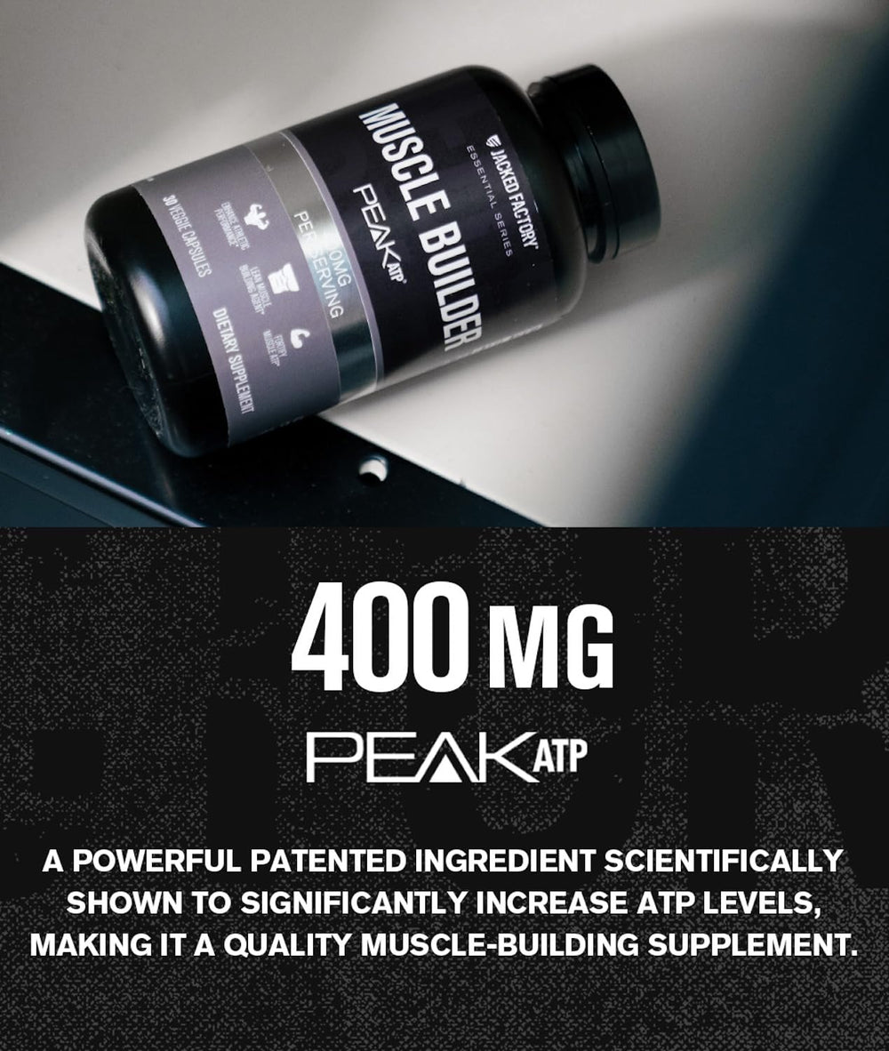 Jacked Factory Essentials Muscle Builder bottle being poured illustrates easy daily use.