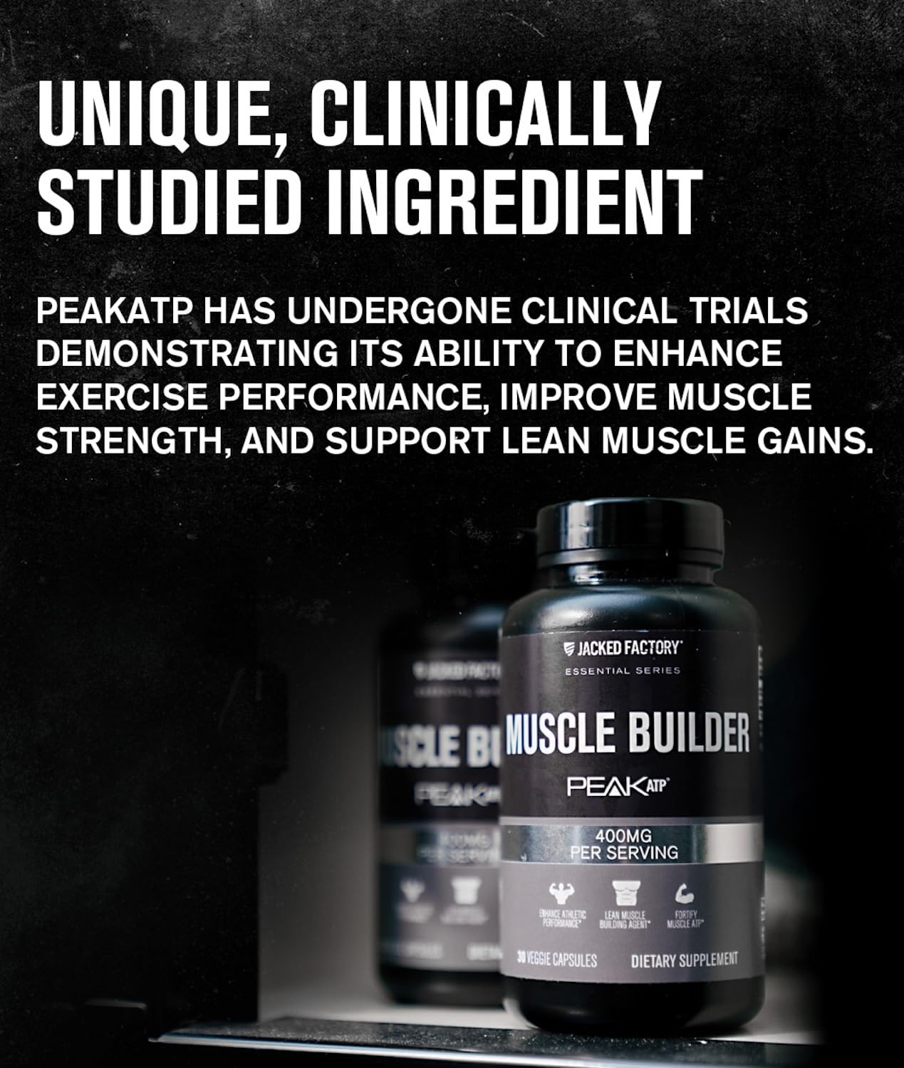 Jacked Factory Essentials Muscle Builder capsules closeup highlights PeakATP formulation for energy.