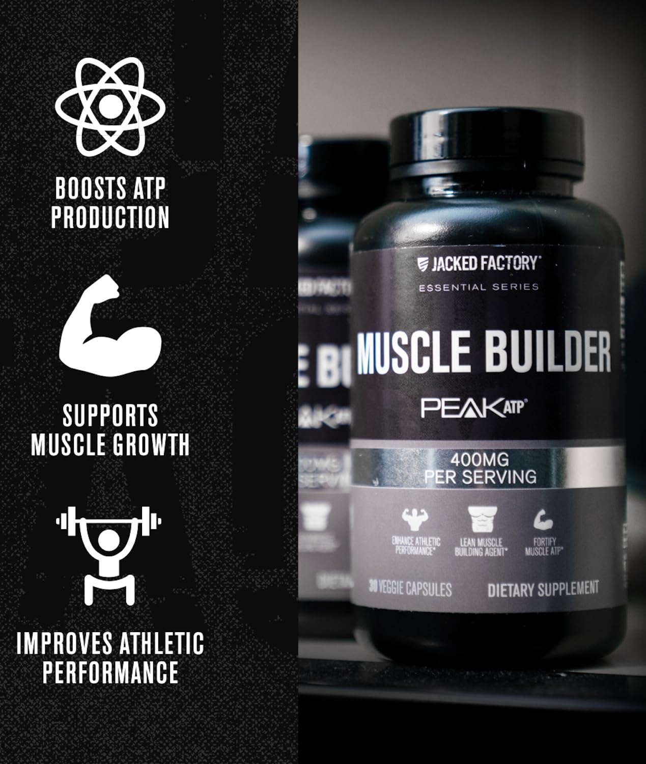 Jacked Factory Essentials Muscle Builder packaging image conveys quality for lean gains.