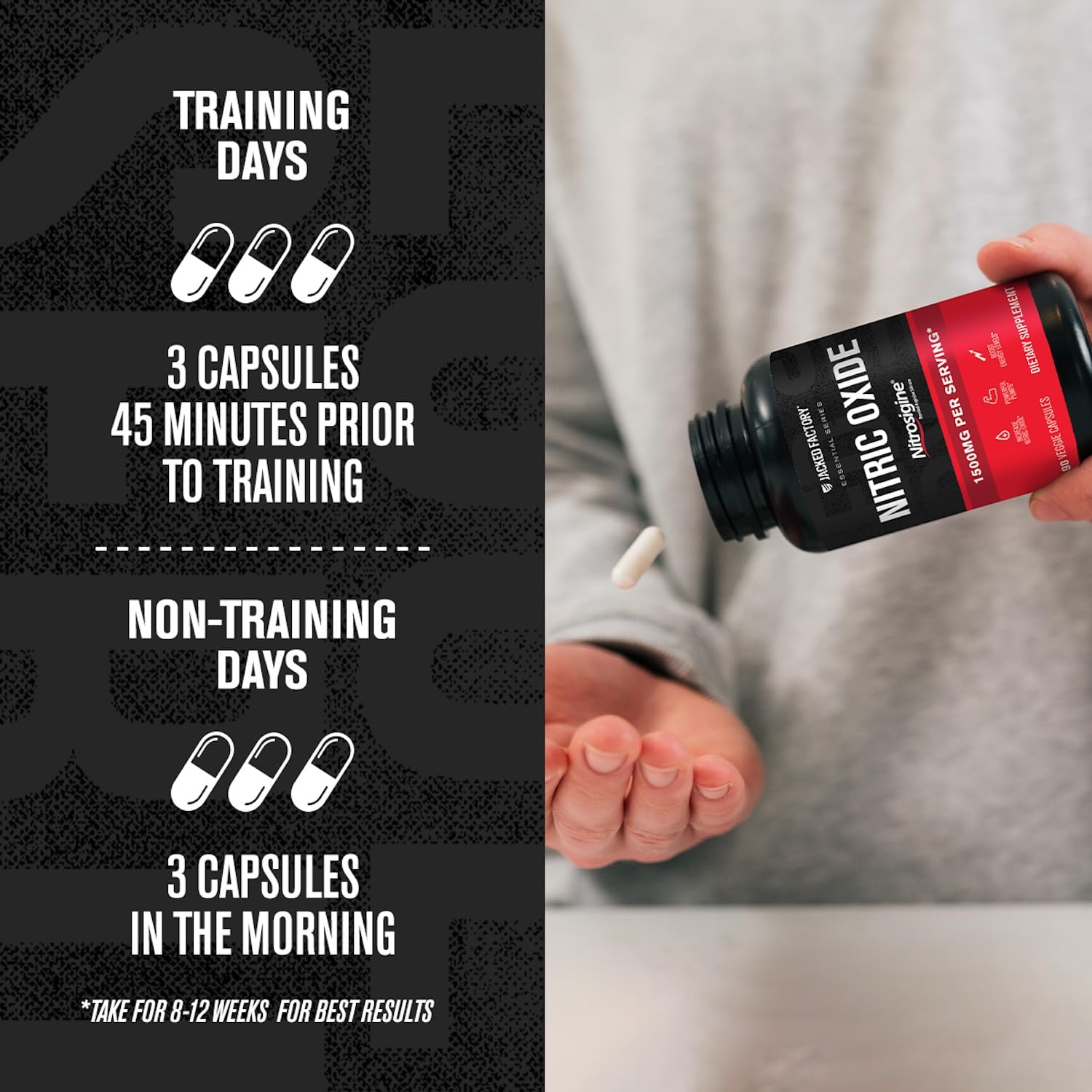 Jacked Factory Essentials Nitric Oxide Booster in gym setting for possible performance support