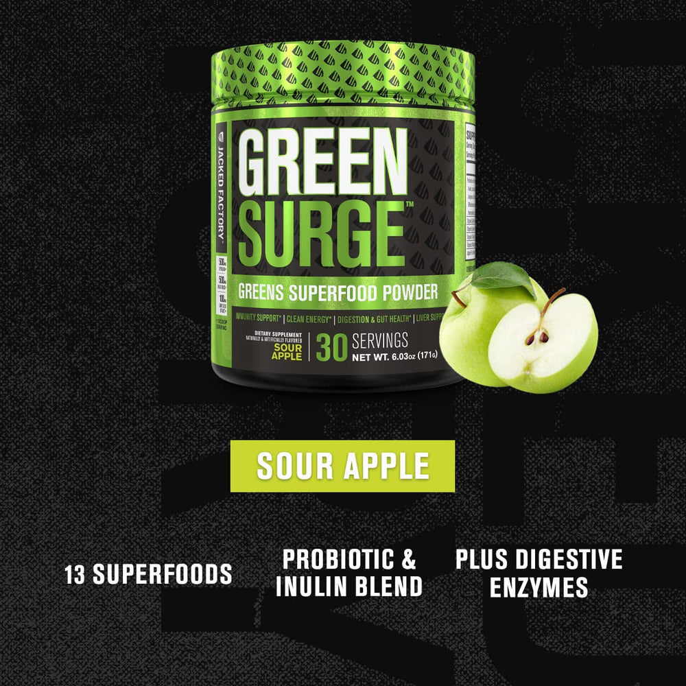 Jacked Factory Green Surge bottle pour demonstrates easy, mixable greens for mornings.